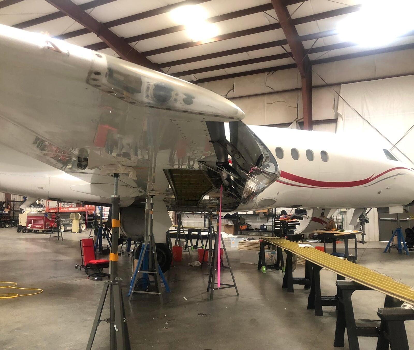 Preparing to reseal a Dassault Falcon 900EX wing plank
