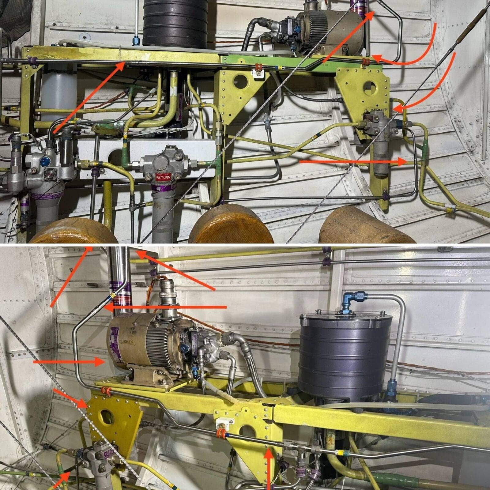 Relocated hydraulic system on a Challenger CL-600-1A11. The red arrows indicate relocated components