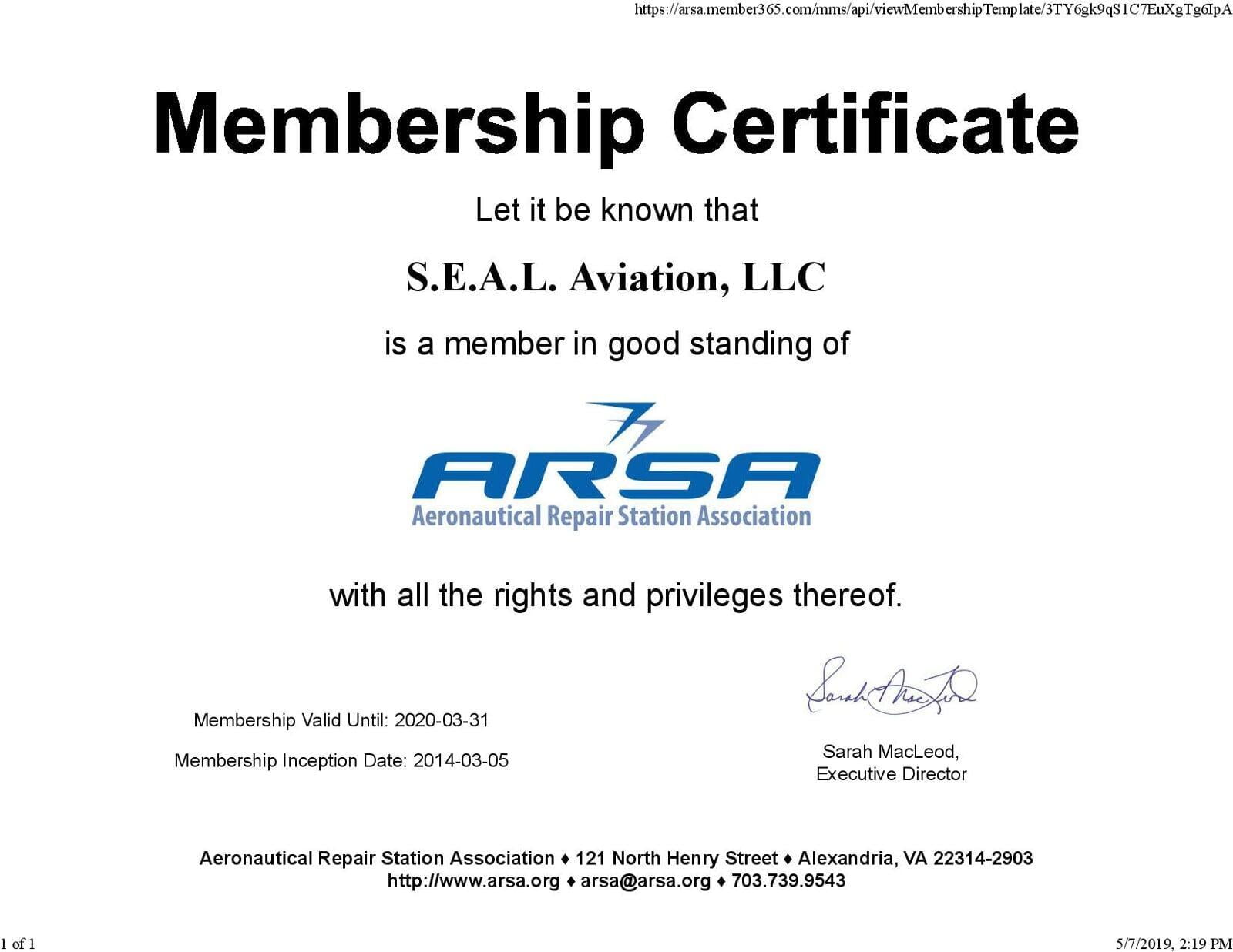 ARSA Membership Certificate